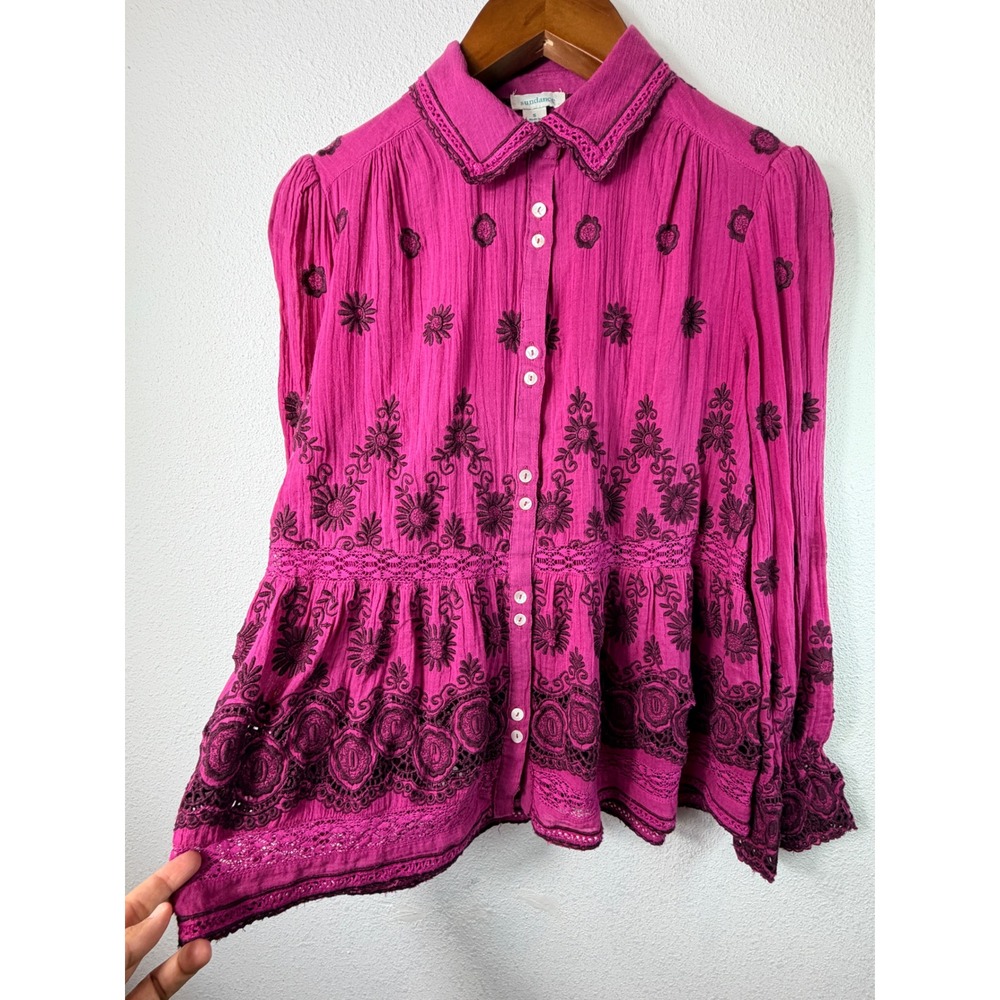 Sundance Womens Peplum Blouse Pink Small Embroidered Eyelet Lace Button Down Top